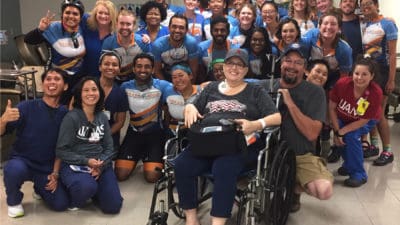 Myeloma patient Melissa Durham of Strawberry, Arkansas, and her husband Eddie visited with nearly 30 students from The University of Texas at Austin in Texas who recently visted the UAMS Winthrop P. Rockefeller Cancer Institute. The students are part of a larger group cycling 4,000 miles from Austin to Anchorage, Alaska, in support of cancer treatment and research.