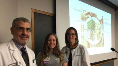 Sami Uwaydat, Cayla-Marie Jackson and Heather Vines in front of a presentation slide showing how to create a healthy, balanced plate of food.