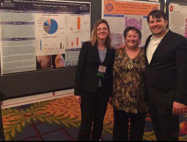 (From left) Marjorie David, M.D.; Gayle Dicker; and Jerad Gardner, M.D., presented their research at the 2016 American Society of Dermatopathology Annual Meeting in Chicago. Dicker was one of five patients with dermatofibrosarcoma protuberans who served on a Patient Advisory Board for the study.