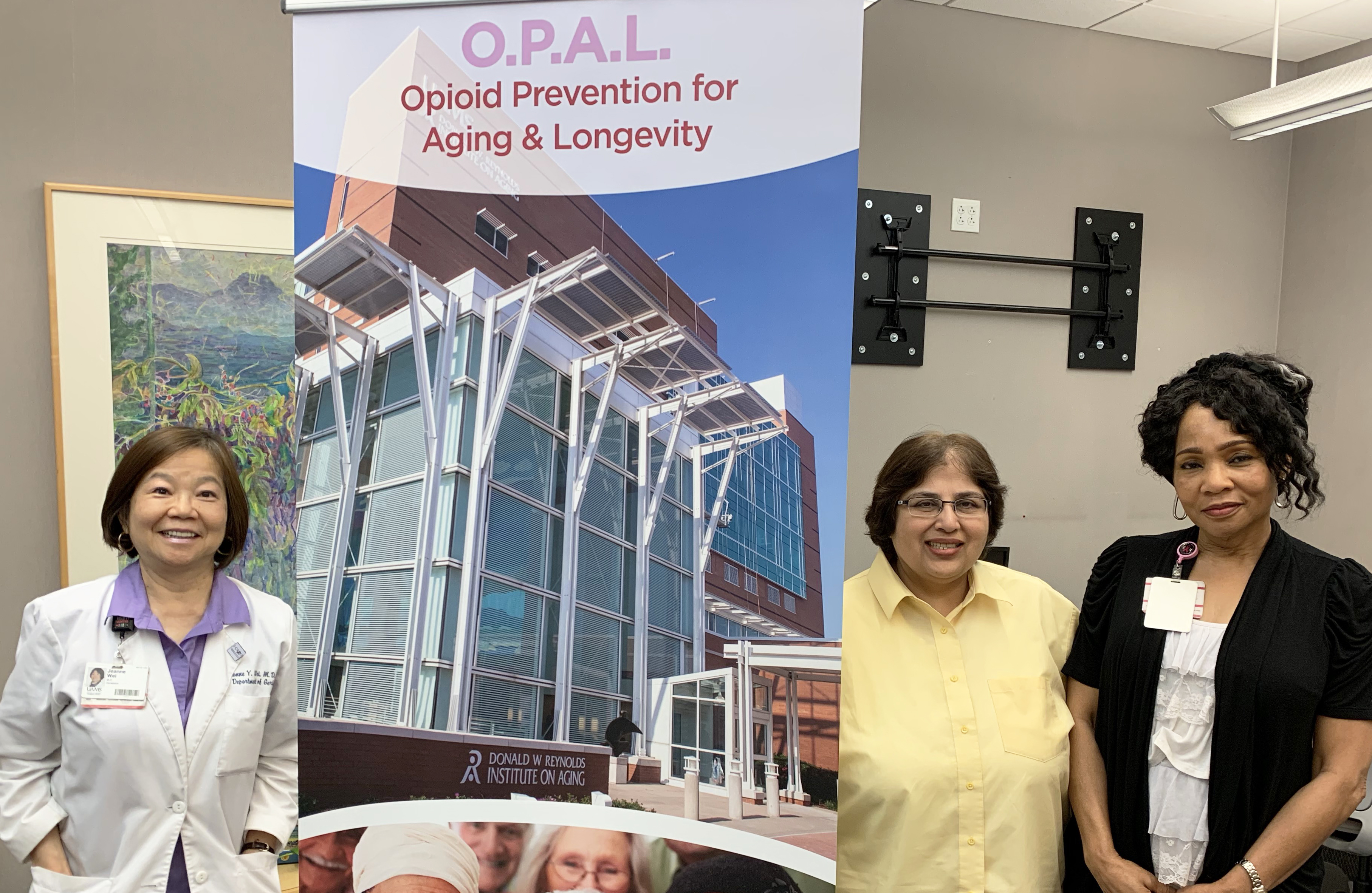 The new Opioid Prevention for Aging & Longevity program at the UAMS Reynolds Institute on Aging is led by Jeanne Wei, M.D., Ph.D., left, along with Gohar Azhar, M.D., and Regina Gibson, Ph.D.
