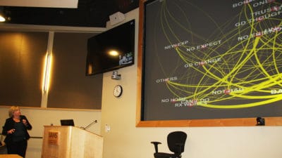 While delivering the annual Dalme-Rickel lecture, Belinda Mandrell shows her audience an award-winning infographic to illustrate some of her research findings.