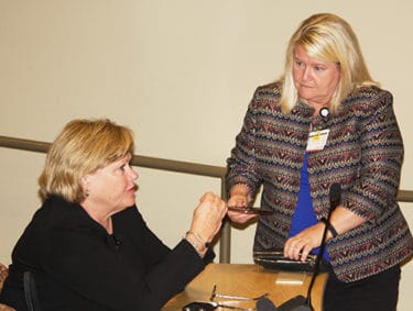 Mandrell and UAMS College of Nursing Dean Patricia Cowan, Ph.D., R.N., talk before Mandrell delivers her lecture.
