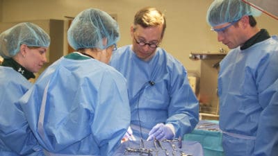 Shane Tubbs, Ph.D., shows neurosurgery residents some of the anatomical features in the back of the neck.