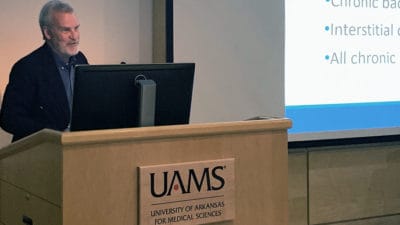Guest speaker Don Teater, M.D., M.P.H., talks about the opioid crisis and alternatives to treating pain tat the Geriatrics and Long-term Care Update.