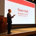 Chancellor Cam Patterson, M.D., MBA, spoke to employees about UAMS Health and other important topics during a Nov. 6 Town Hall meeting.