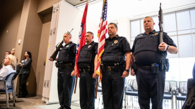 Veterans, now serving in the UAMS Police Department, served as the color guard for a flag ceremony to open the Veterans Day luncheon.