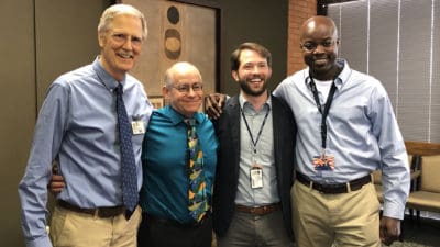 The College of Pharmacy recently celebrated the promotions of Dwight Pierce, left, Eddie Dunn, Jacob Painter and Antino Allen.