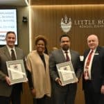 Hall High School Principal Mark Roberts, Ed.D., Kimberlyn Blann-Anderson and Brian Gittens, Ed.D., of the UAMS Division for Diversity, Equity and Inclusion, and Little Rock School District Superintendent Mike Poore.