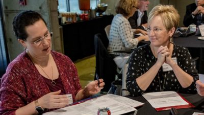 Laura James, M.D., right, with UAMS' Kristin Zorn, M.D., at a recent TRI Strategic Planning Retreat.