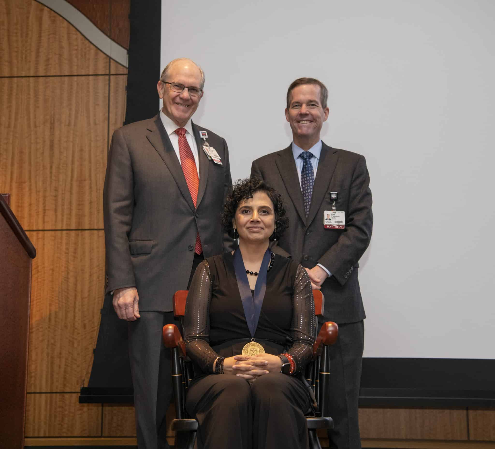 Mendiratta was presented with a commemorative medallion by UAMS Chancellor Cam Patterson, M.D., MBA, and Christopher T. Westfall, M.D., executive vice chancellor and College of Medicine dean.