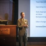 Chancellor Cam Patterson, M.D., MBA, tells employees UAMS has turned a financial corner during his State of the University address Feb. 13.