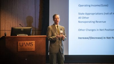 Chancellor Cam Patterson, M.D., MBA, tells employees UAMS has turned a financial corner during his State of the University address Feb. 13.