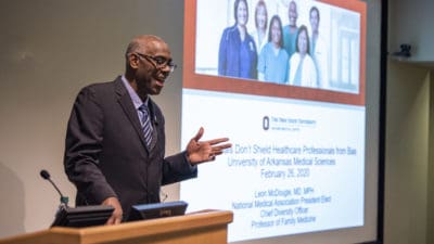 Leon McDougle, M.D., M.P.H., chief diversity officer and professor at the Ohio State University Wexner Medical Center, presents at UAMS on Feb. 26.