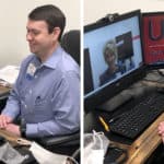 Jordan Weaver, M.D., uses a digital health video connection to talk to a colleague. Weaver helped lead the digital health effort at the UAMS Family Medical Center in Batesville.
