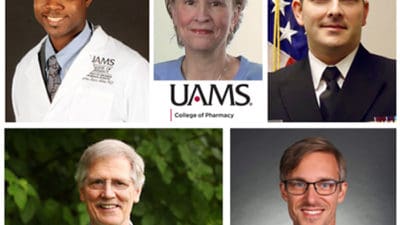 College of Pharmacy faculty who received awards for teaching this year are, top row, left to right, Antino Allen, Melanie Reinhardt and Grant McElwee; bottom row, left to right, Dwight Pierce and David Caldwell.