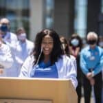 Natasha Thompson, a medical student and president of the UAMS Dr. Edith Irby Jones chapter of the Student National Medical Association, speaks at White Coats for Black Lives on June 11. Thompson helped organize a student town hall on diversity for the College of Medicine on July 7.