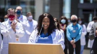 Natasha Thompson, a medical student and president of the UAMS Dr. Edith Irby Jones chapter of the Student National Medical Association, speaks at White Coats for Black Lives on June 11. Thompson helped organize a student town hall on diversity for the College of Medicine on July 7.