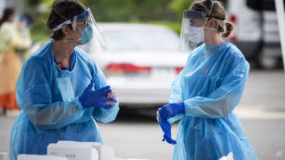 UAMS employees at a community drive-thru COVID-19 screening at Shorter College in North Little Rock on June 30. Multiple donors, from individuals to foundations and corporations, gave more than $285,000 in fiscal 2020 to UAMS to combat the COVID-19 pandemic.