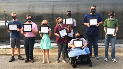 Graduates from the Project Search Class of 2020 at UAMS are, right, Tyler Barrett, Dutch Leger, Vanessa Provence, Heather Keister, Jaden Jackson, Madai Lopez Robles, Nathan Burroughs, and Hunter Hatchett. Graduates Jeremy Acord, Alec Layland, Stephan Rauhofer, and Myia Walker were unable to be in the photo.
