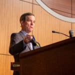 Chancellor Cam Patterson, M.D., MBA, introduces a full panel of speakers during the Oct. 28 Town Hall.