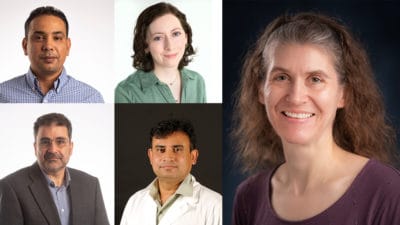 Five UAMS scientists each received $15,000 in seed funding for new research. Top row: Youssef Aachoui, Ph.D., Merideth Addicott, Ph.D., Alicia Byrd, Ph.D. Bottom row: Behjatolah "BJ" Karbassi, Ph.D., and Rupak Pathak, Ph.D.