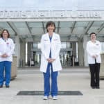 The nurses on the COVID Triage Team who designed the awardi-winning screening process are: Sherri Traffanstedt, RN., left; Deborah Hutts, M.S.N., RN, center; and Rebeca Bryan, RN.