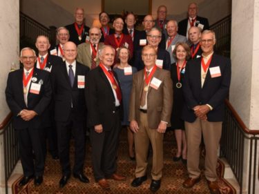 Jack Blackshear, M.D., (far left in second row from back) and several of his 1968 classmates celebrated the 50th anniversary of their graduation during UAMS Alumni Weekend in 2018. Two of the three classmates who nominated Blackshear for the Distinguished Alumnus Award also are pictured: Nancy Rector, M.D., (at center in second row from front) and William Mason, M.D., (second from left in front row).
