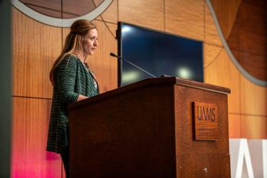 Jennifer Huitt, Ph.D., president of the UAMS House of Delegates, also spoke briefly before the chancellor’s presentation.
