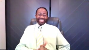 Christian Simmons, M.D., Ph.D., participating in the online panel discussion of the documentary Black Men in White Coats. 