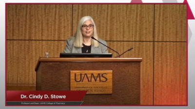 Dean Cindy Stowe, Pharm.D., thanks donors and congratulates scholarship recipients during the College of Pharmacy's Virtual Student Awards Ceremony on April 7.