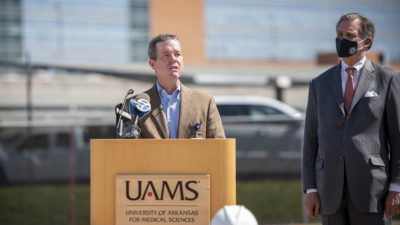 Chancellor Cam Patterson speaks before the groundbreaking ceremony for the new UAMS Surgical Hospital.