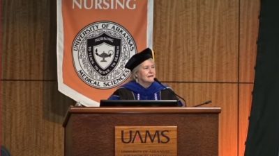 Patricia A. Cowan, Ph.D., RN, dean and professor of the UAMS College of Nursing, addresses graduates.