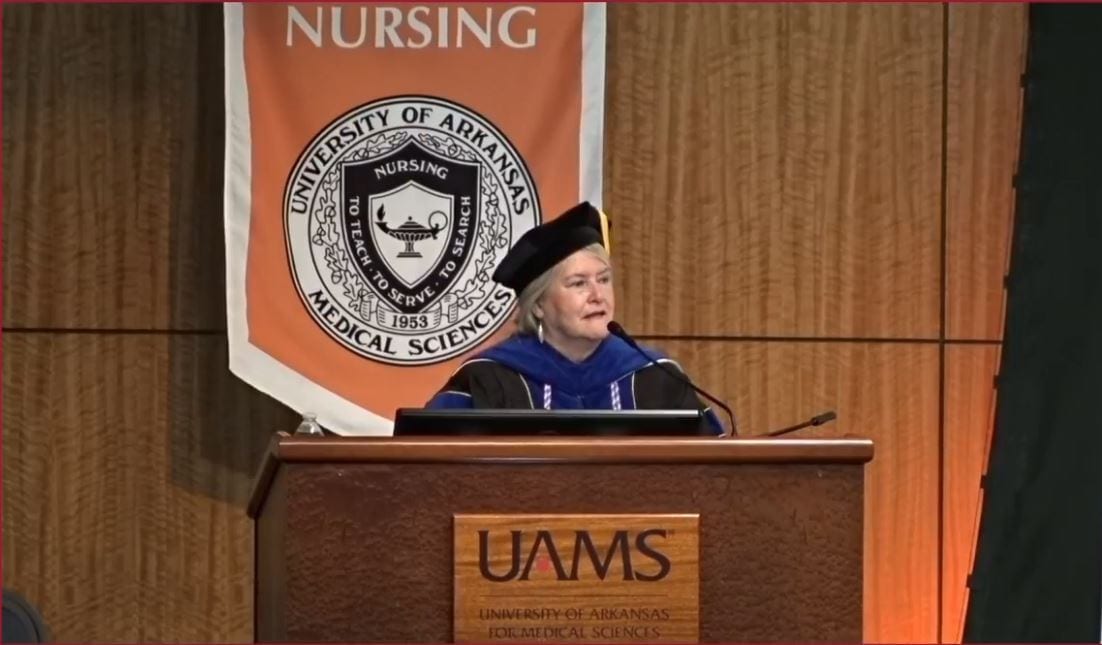Patricia A. Cowan, Ph.D., RN, dean and professor of the UAMS College of Nursing, addresses graduates.