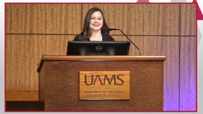 Assistant professor Megan Smith, Pharm.D., welcomes students to the virtual Postgraduate Match Day Ceremony on April 27.