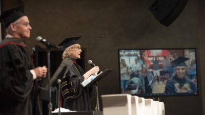 College of Pharmacy faculty present candidates for graduation as students attend remotely.