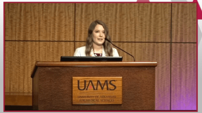 Third-year student and Beta Iota chapter president Madison Green delivers welcome to initiates and attendees during The Rho Chi Society induction ceremony held virtually April 9, 2021.