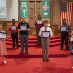 This year's Project SEARCH graduates hold their diplomas after the ceremony at St. Andrew's United Methodist Church in Little Rock. They are, left to right, Donna Pelle, Unard Bush, Marshall Neal, Jodarious Riggins, Matthew Henley Greenwalt, Joe Randall and Molly Stump.