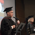 Eddie Dunn, Pharm.D., and Melanie Reinhardt, Pharm.D., announce graduates as they are hooded virtually by family and friends during the College of Pharmacy Seniors Honors & Awards Ceremony on May 14, 2021.