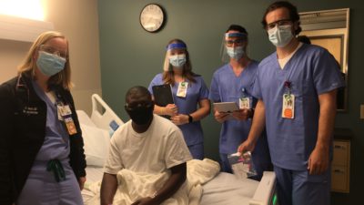 Carly Eastin, M.D., left, patient Antonio Jackson and second-year medical students Cammie York, Beau Pennington and Luke Lefler.