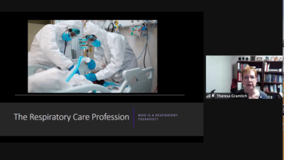 Theresa Gramlich, M.S., RRT, CPFT, an assistant professor in UAMS' Cardio-Respiratory Care program in the College of Health Professions, tells students about being a respiratory therapist.