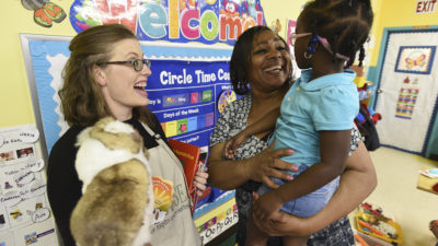 Taren Swindle, Ph.D., here visiting a Head Start classroom in 2019, is leading the NCI-funded study that aims to improve diets in early care and education settings.