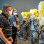 Members of an Army medical team get fit-tested for personal protective equipment. The Army arrived on campus Sept. 10 to help provide COVID-19 patient care in the UAMS Medical Center.