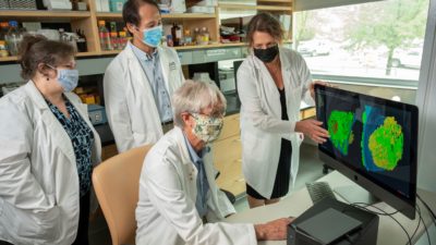 Brian Storrie, Ph.D., with members of the research team (standing, l-r), Kelly Ball, M.S., Sung Rhee, Ph.D., and Irina Pokrovskaya, M.S., displaying images of blood platelets that have combined to seal a puncture wound.