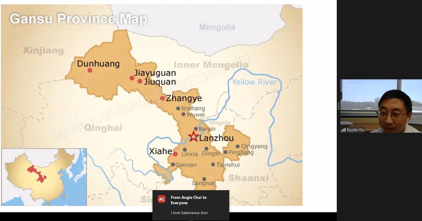 Ruofei Du, Ph.D., shows viewers a map of Gansu Province, where he grew up.