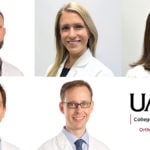 five portrait images of doctors in white coats and UAMS logo