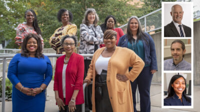 Members of the research team include, (back row, l-r) Keneshia Bryant-Moore, Ph.D., FNP-BC, RN, Pebbles Fagan, Ph.D., Carol Cornell, Ph.D., Linda Luster and Christina Hamilton; (front) Elizabeth Taylor, Theresa Prewitt, Dr.P.H., and Tiffany Haynes, Ph.D. Pictured separately are, from top: Mark Williams, Ph.D., Chris Long, Ph.D., and Mignonne Guy, Ph.D. (Virginia Commonwealth University).