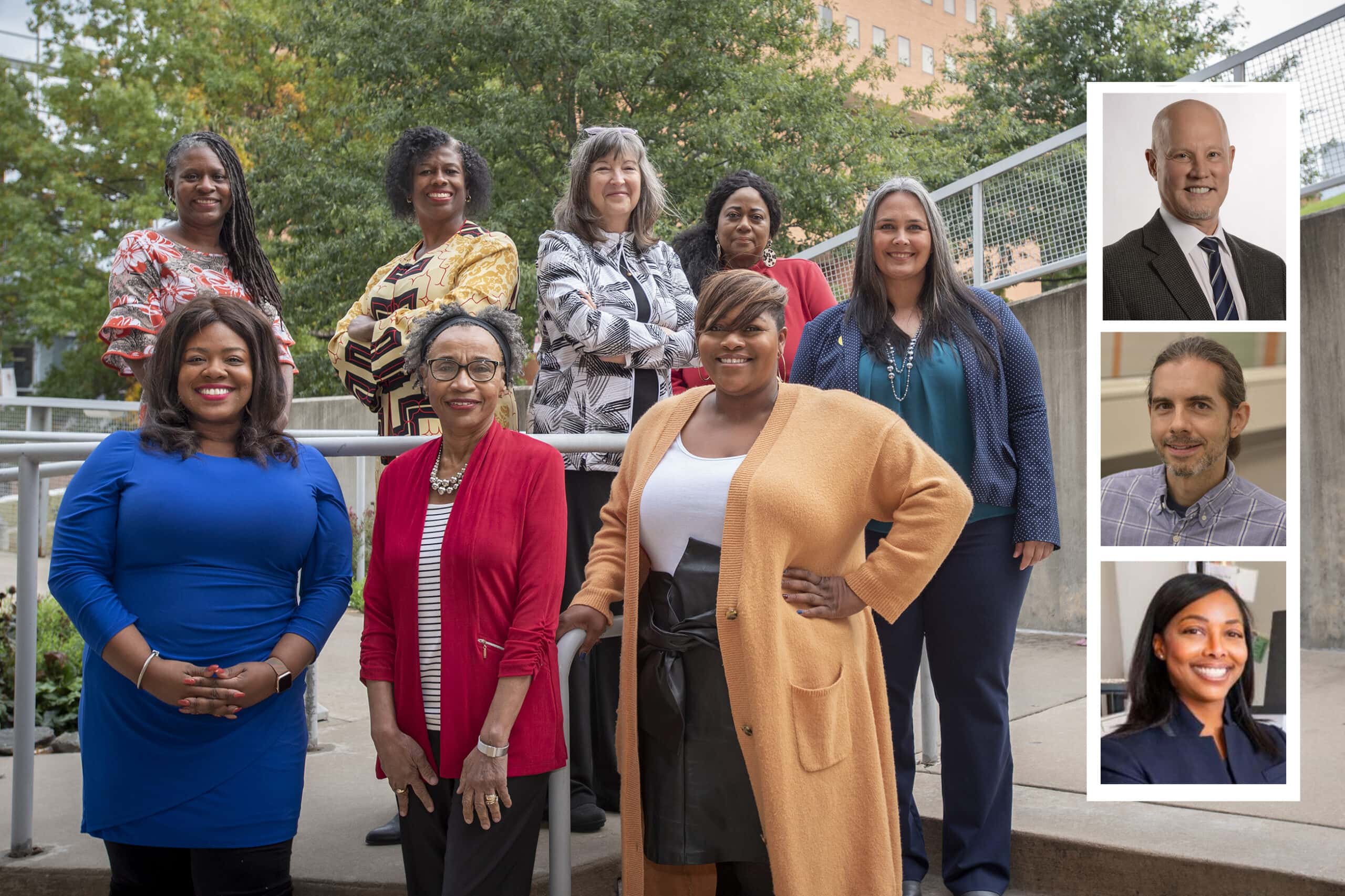 Members of the research team include, (back row, l-r) Keneshia Bryant-Moore, Ph.D., FNP-BC, RN, Pebbles Fagan, Ph.D., Carol Cornell, Ph.D., Linda Luster and Christina Hamilton; (front) Elizabeth Taylor, Theresa Prewitt, Dr.P.H., and Tiffany Haynes, Ph.D. Pictured separately are, from top: Mark Williams, Ph.D., Chris Long, Ph.D., and Mignonne Guy, Ph.D. (Virginia Commonwealth University).