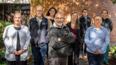 Members of the interdisciplinary research team include, (l-r): Heather Moody, RN, Eric Siegel, M.S., Stefanie Kennon-McGill, Ph.D., Hari Eswaran, Ph.D., Shannon Rose, Ph.D., Luis Mercado, Ph.D., Diana Escalona-Vargas, Ph.D., and Debopam Samanta, M.D.