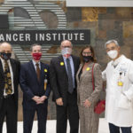 From left to right, Winthrop P. Rockefeller Cancer Institute Director Michael Birrer, M.D., Ph.D., UAMS Chancellor Cam Patterson, M.D., MBA, Chris and Kim Fowler, and James Suen, M.D.