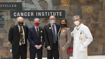 From left to right, Winthrop P. Rockefeller Cancer Institute Director Michael Birrer, M.D., Ph.D., UAMS Chancellor Cam Patterson, M.D., MBA, Chris and Kim Fowler, and James Suen, M.D.